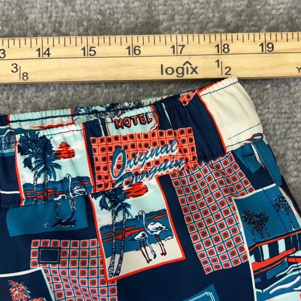 ORIGINAL PENGUIN Men's XL Swim Trunks Postcard Motel Print Blue Beach Shorts NWT